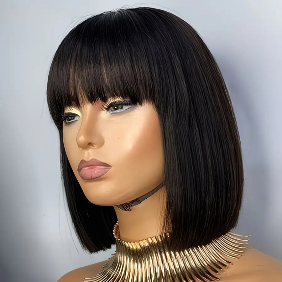 Short Straight Human Hair Bob Wig with Bangs 150% Density - Wigfluence