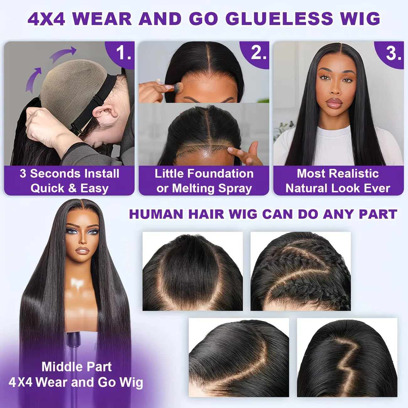 14-24 Inch Glueless Pre-Cut Human Hair Wigs - 180 Density Straight Wigs for Women - Wigfluence